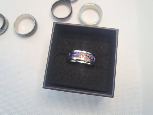 Blue/brown geometric style inlay stainless steel ring