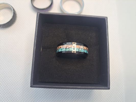 Blue/beige inlay black stainless steel ring