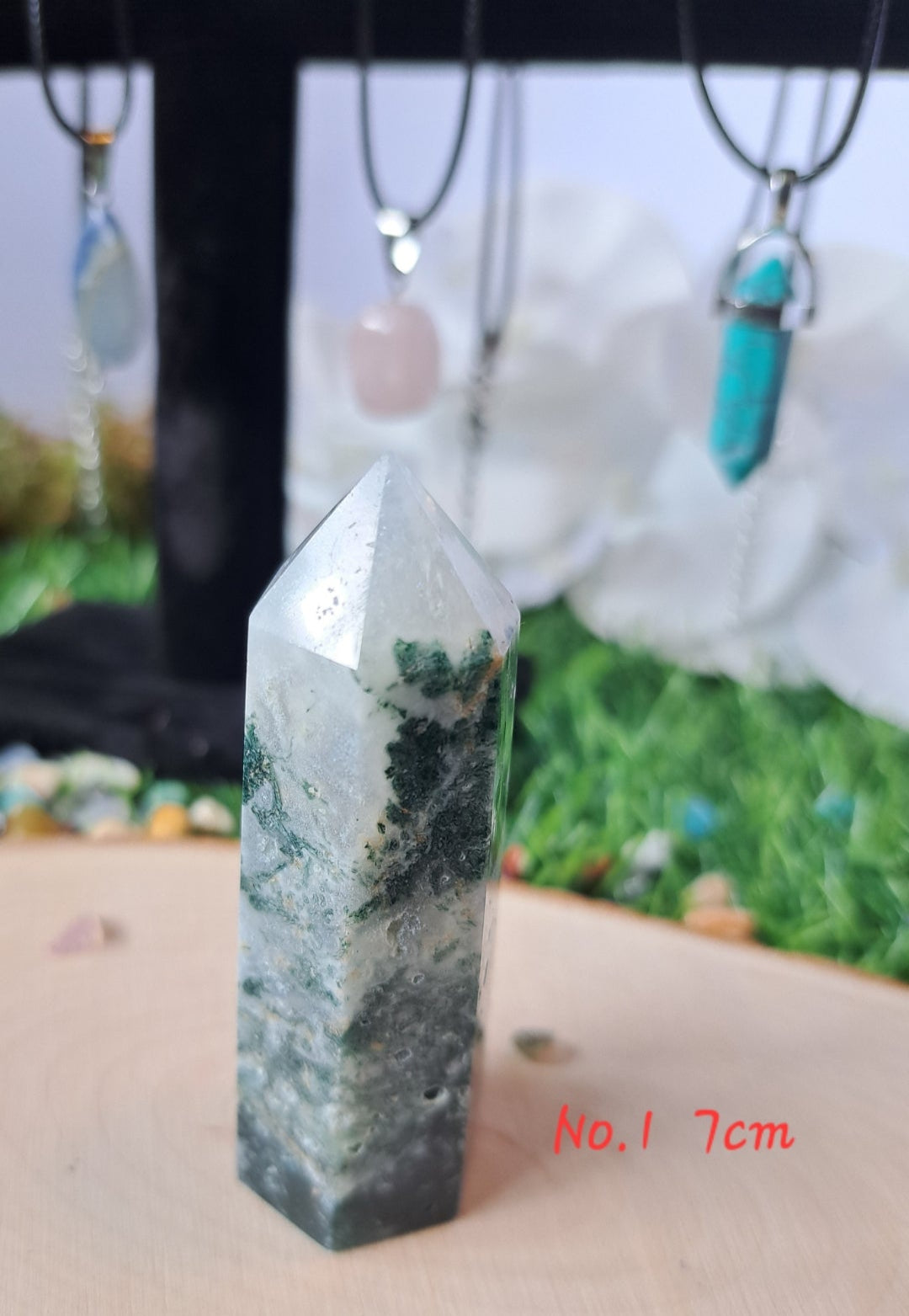 Polished moss agate crystal towers 3 different sizes