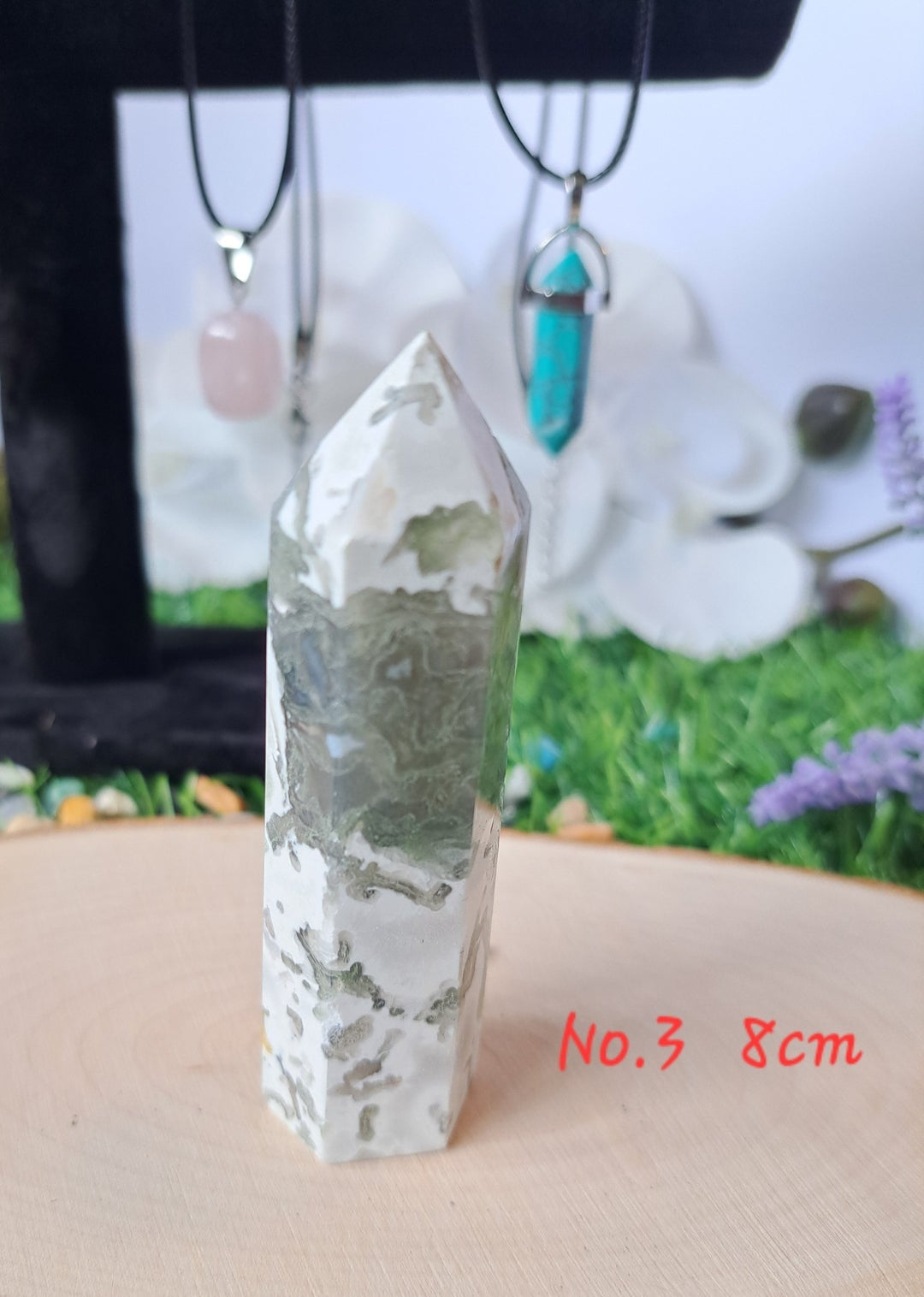 Polished moss agate crystal towers 3 different sizes