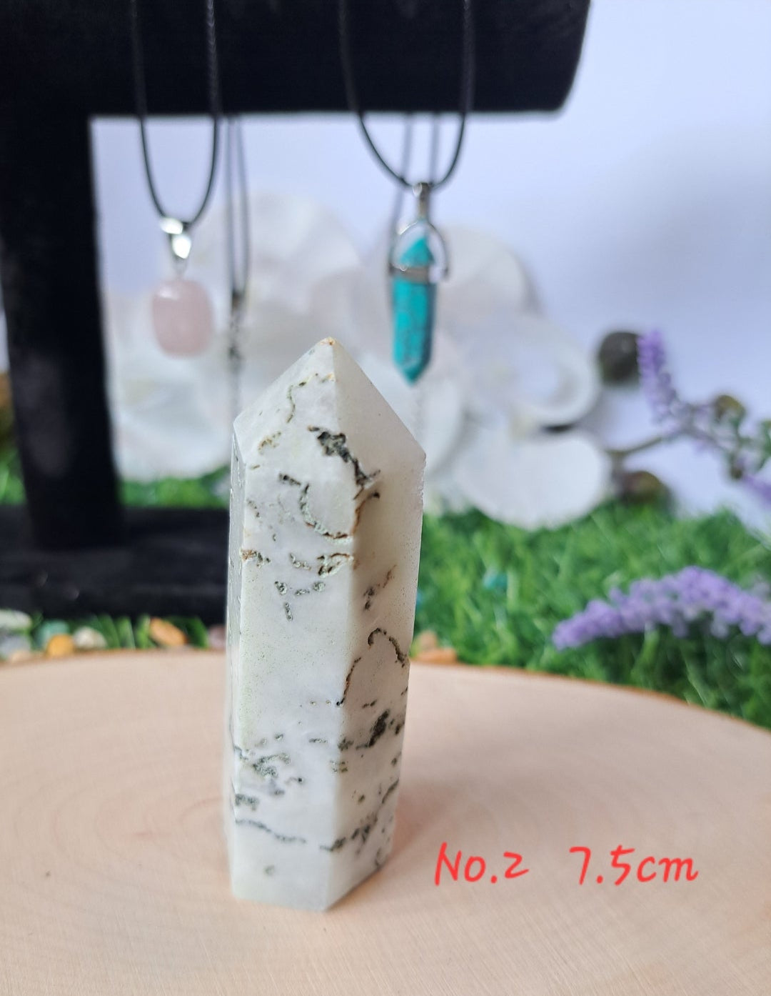 Polished moss agate crystal towers 3 different sizes
