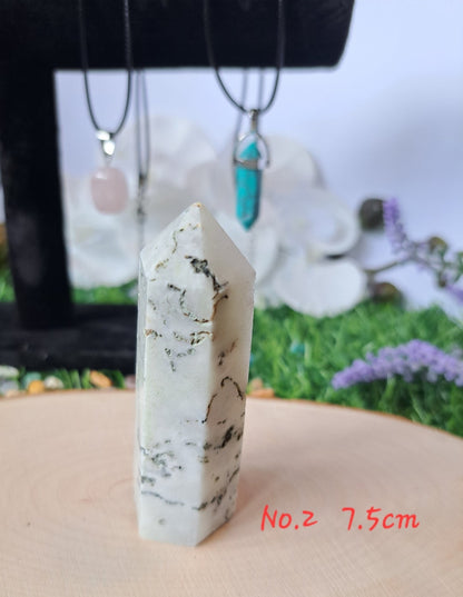 Polished moss agate crystal towers 3 different sizes